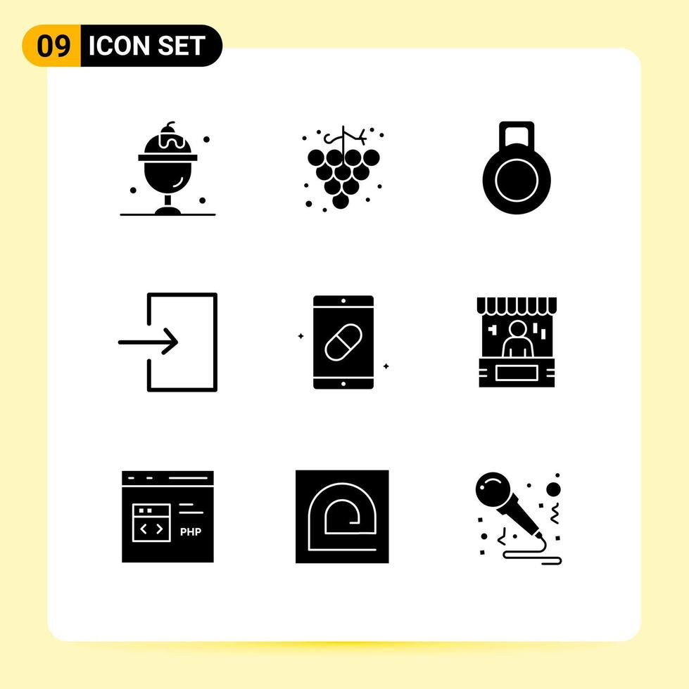Editable Vector Line Pack of 9 Simple Solid Glyphs of bag pills arrow medicine health Editable Vector Design Elements