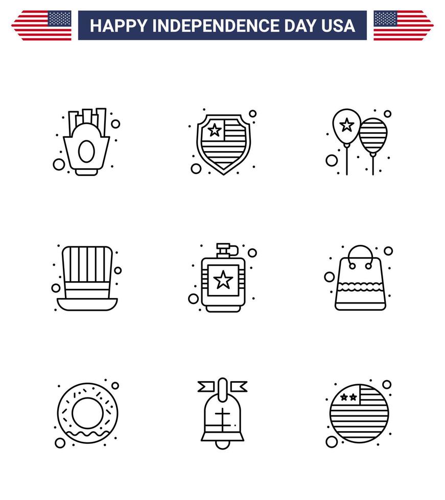 Pack of 9 USA Independence Day Celebration Lines Signs and 4th July Symbols such as drink usa celebrate presidents day Editable USA Day Vector Design Elements