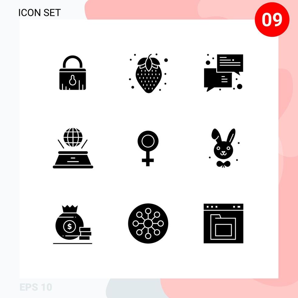 Mobile Interface Solid Glyph Set of 9 Pictograms of symbol presentation chat imagination world Editable Vector Design Elements