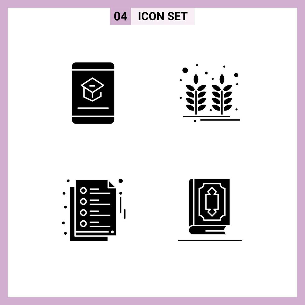Universal Icon Symbols Group of 4 Modern Solid Glyphs of book notes knowledge food education Editable Vector Design Elements