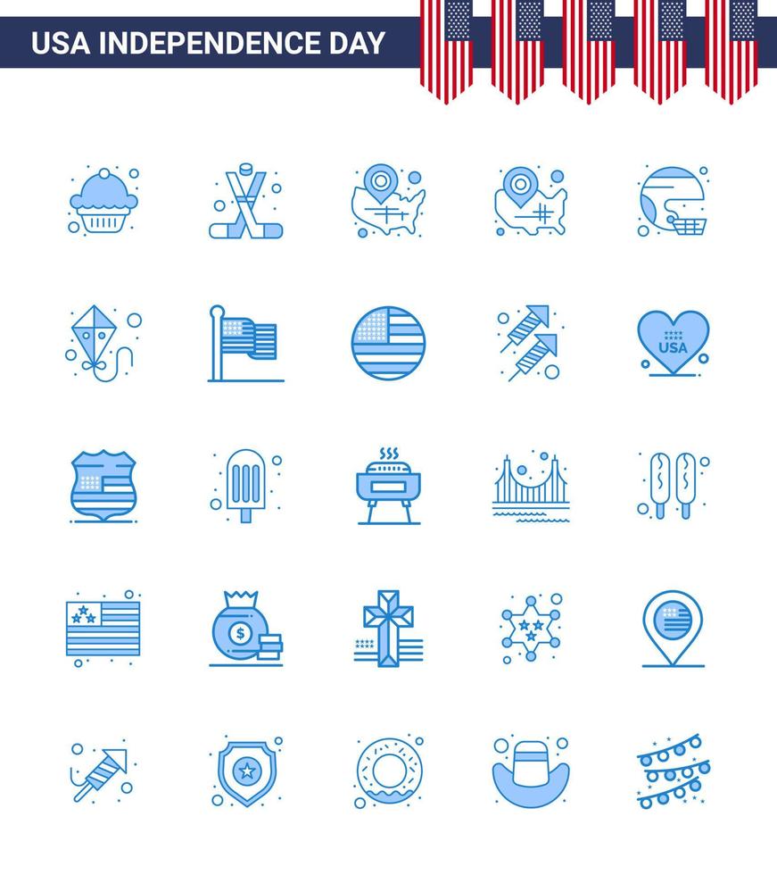 conjunto de 25 paquete de blues moderno en el día de la independencia de estados unidos mapa de casco de fútbol pin de ubicación editable elementos de diseño vectorial del día de estados unidos vector