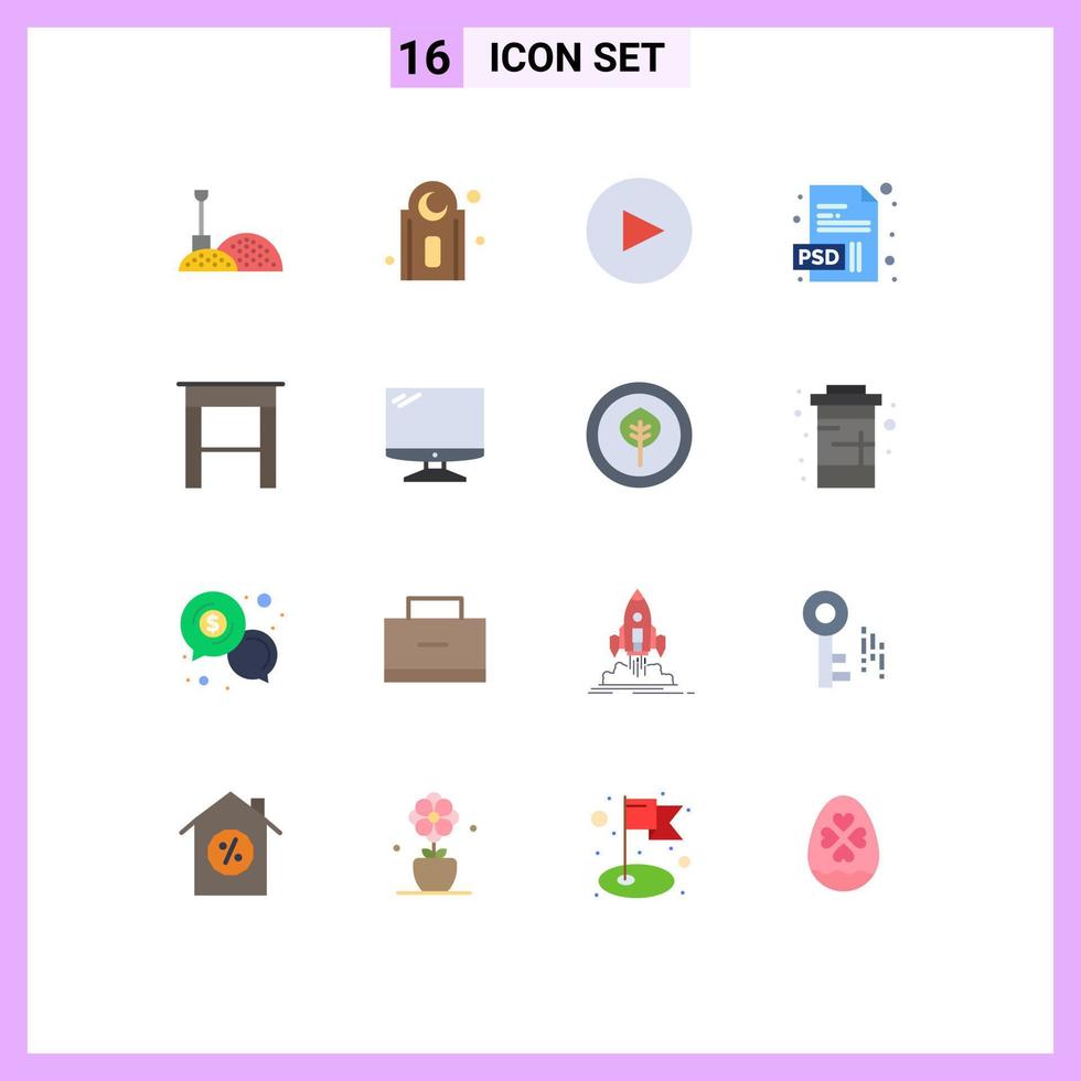 paquete de 16 signos y símbolos modernos de colores planos para medios de impresión web, como imac monitor documento muebles de computadora paquete editable de elementos creativos de diseño de vectores