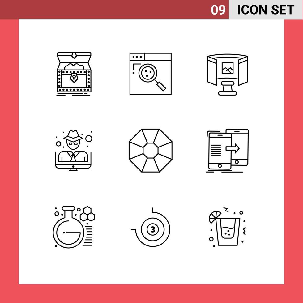 Universal Icon Symbols Group of 9 Modern Outlines of diamond thief web man technology Editable Vector Design Elements