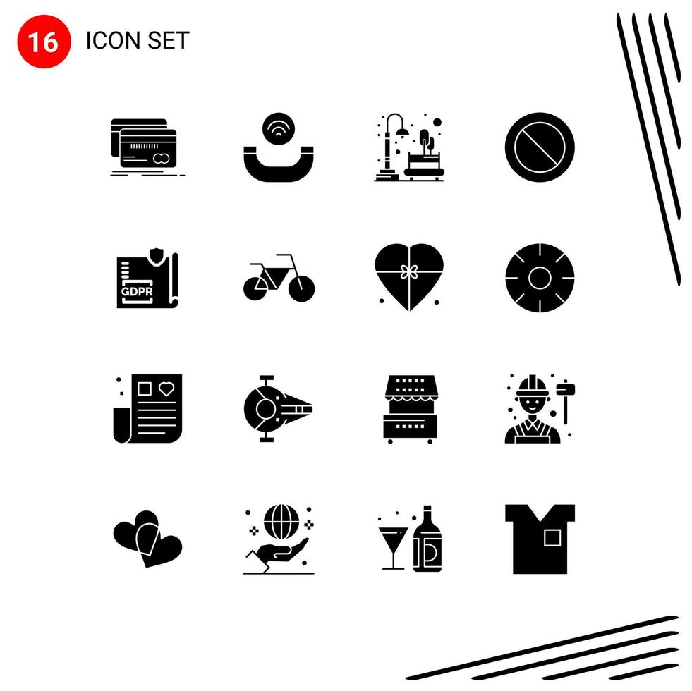 Group of 16 Modern Solid Glyphs Set for gdpr sign city cancel town Editable Vector Design Elements