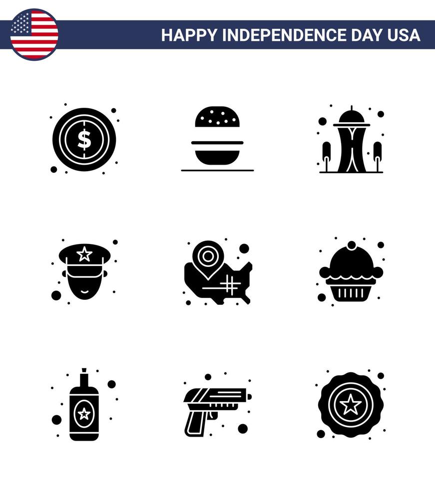 Stock Vector Icon Pack of American Day 9 Line Signs and Symbols for usa map building police man Editable USA Day Vector Design Elements