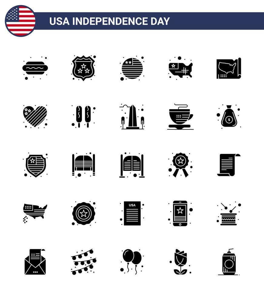 Big Pack of 25 USA Happy Independence Day USA Vector Solid Glyph and Editable Symbols of heart american country usa states Editable USA Day Vector Design Elements