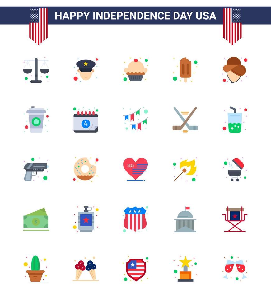 25 Creative USA Icons Modern Independence Signs and 4th July Symbols of cola hat dessert cowboy cream Editable USA Day Vector Design Elements