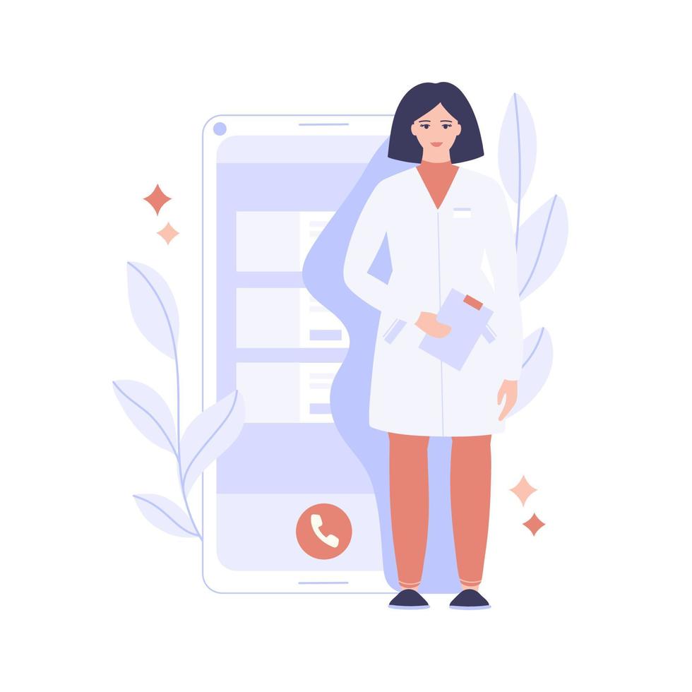 Online healthcare and medical concept. Phone consultation with a doctor. Emergency assistance at any time using a special mobile application. Vector illustration.