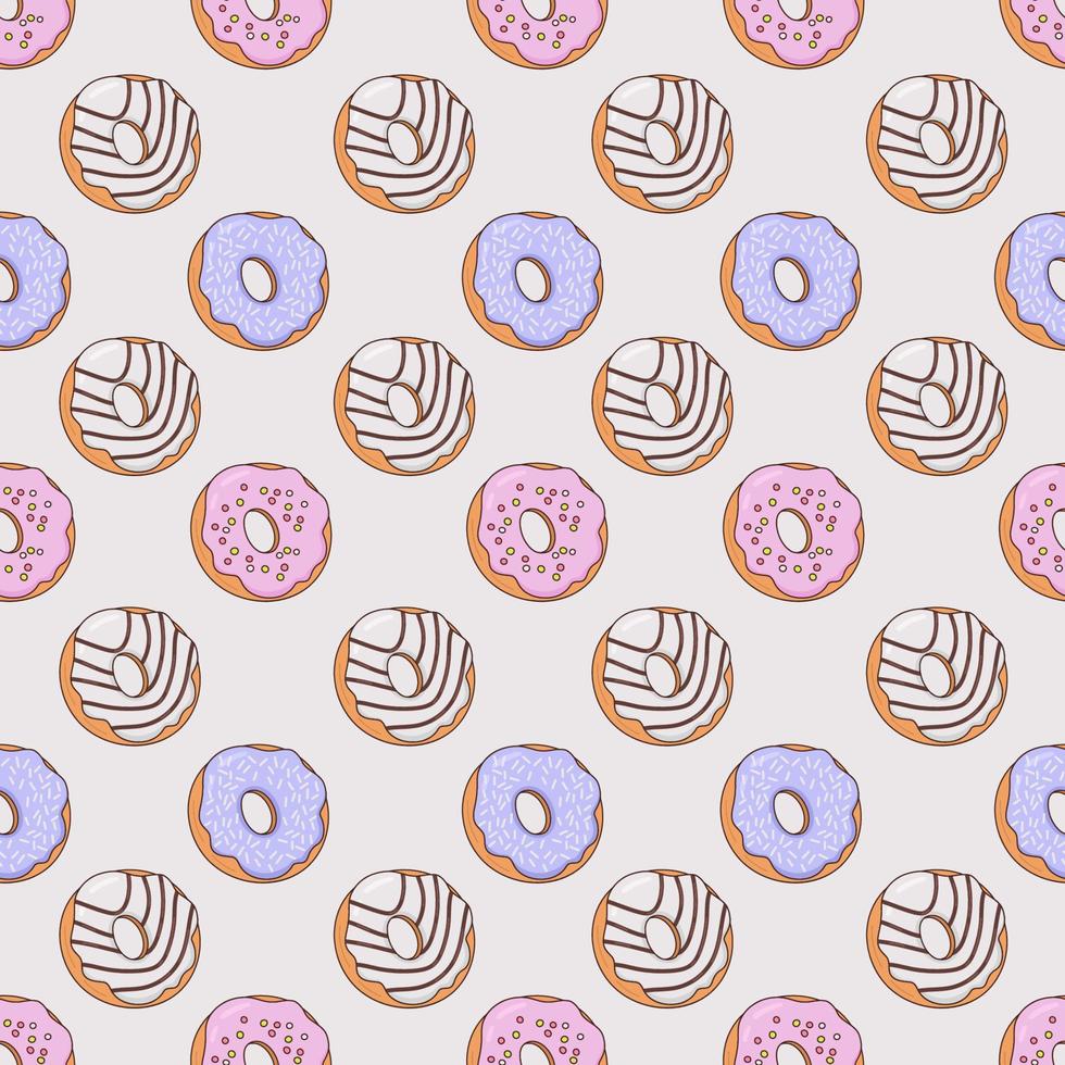 Vector seamless pattern with delicious donuts and different icing. Suitable for wrapping paper, greeting cards, banners, shipping boxes.
