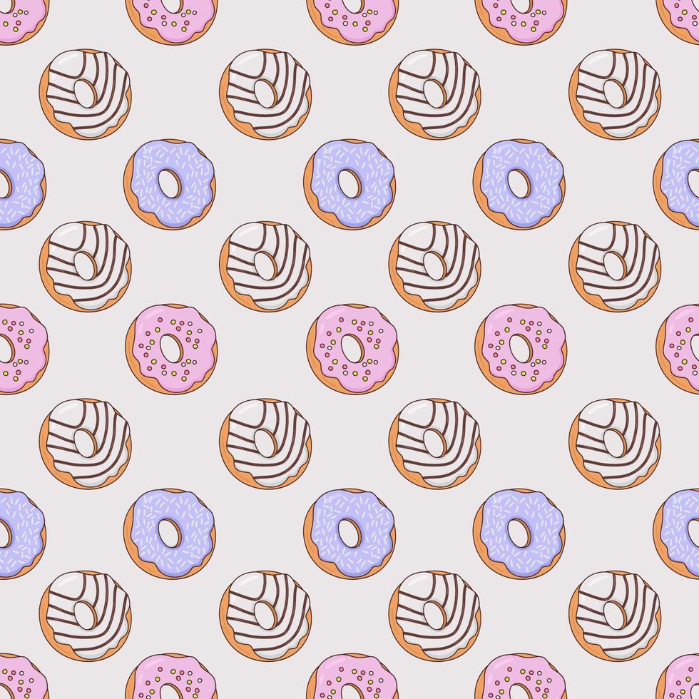 Vector seamless pattern with delicious donuts and different icing. Suitable for wrapping paper, greeting cards, banners, shipping boxes.