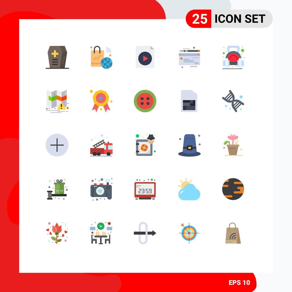 Flat Color Pack of 25 Universal Symbols of dumbbell fitness document exercise cheaque Editable Vector Design Elements