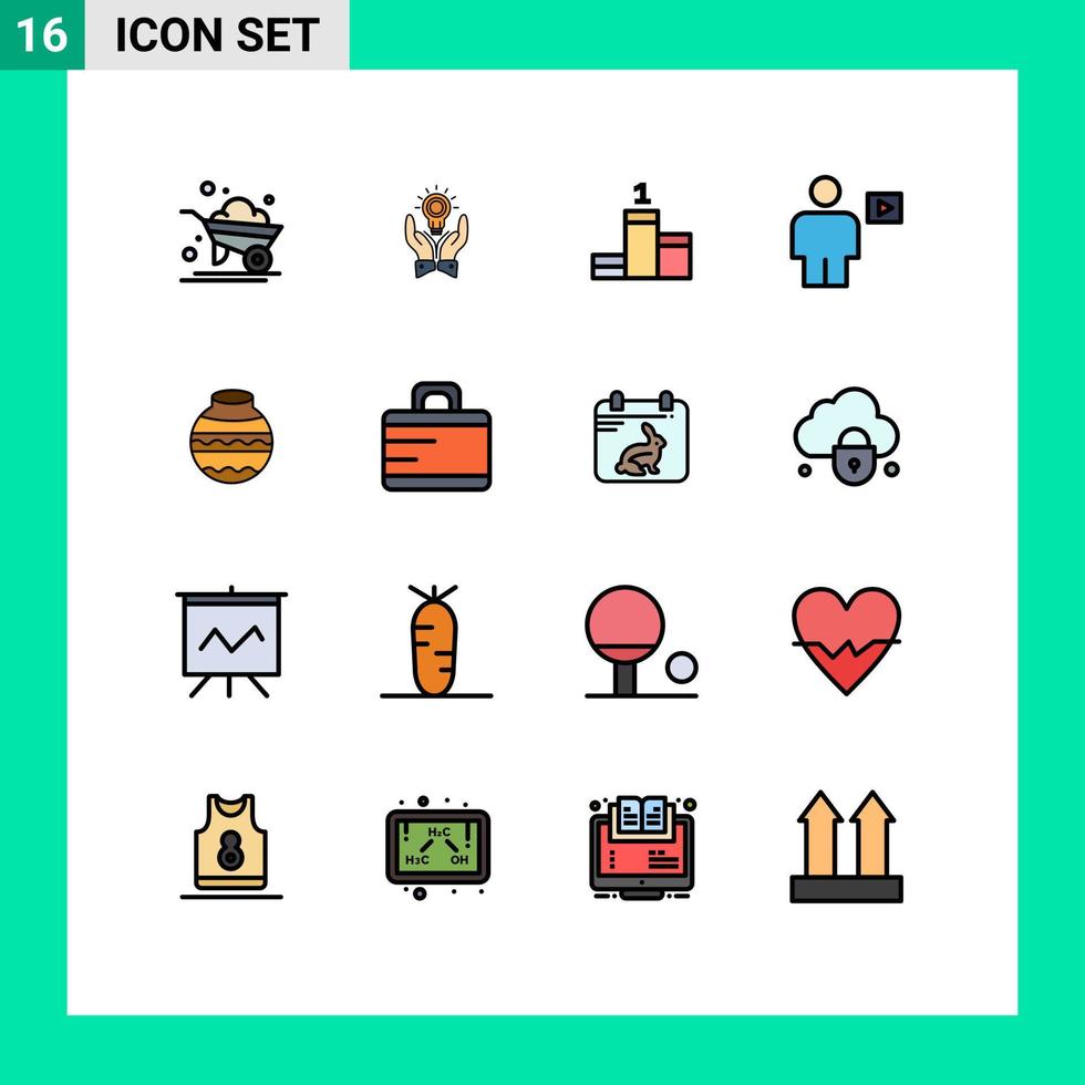 Group of 16 Flat Color Filled Lines Signs and Symbols for video human idea body achievement Editable Creative Vector Design Elements