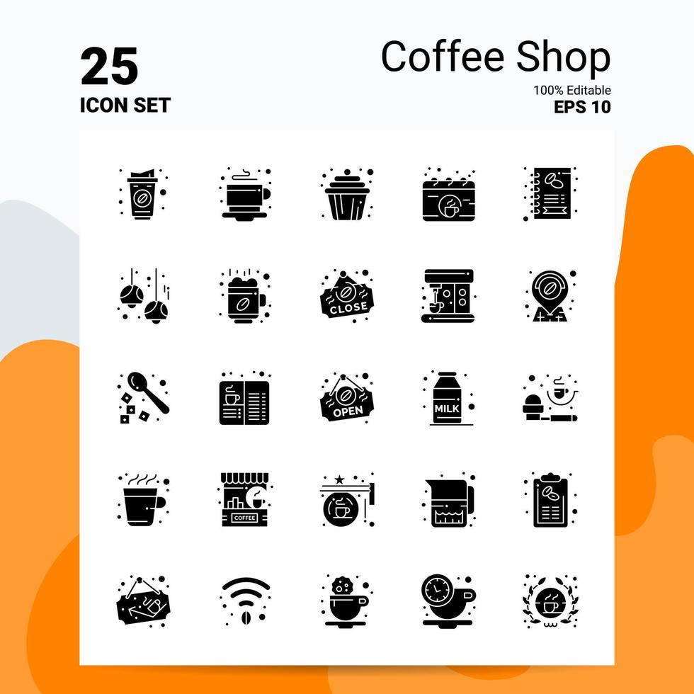 25 conjunto de iconos de cafetería 100 archivos editables eps 10 ideas de concepto de logotipo de empresa diseño de icono de glifo sólido vector