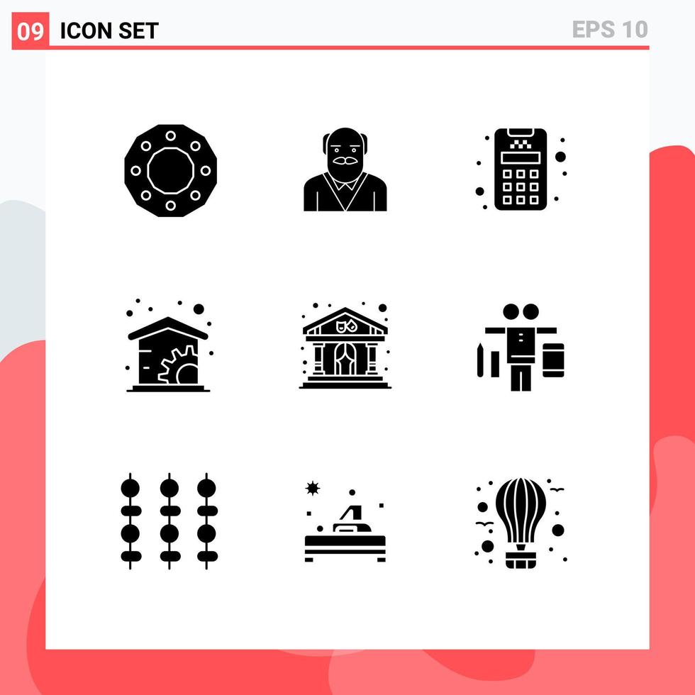 Editable Vector Line Pack of 9 Simple Solid Glyphs of theater play uncle management economics Editable Vector Design Elements