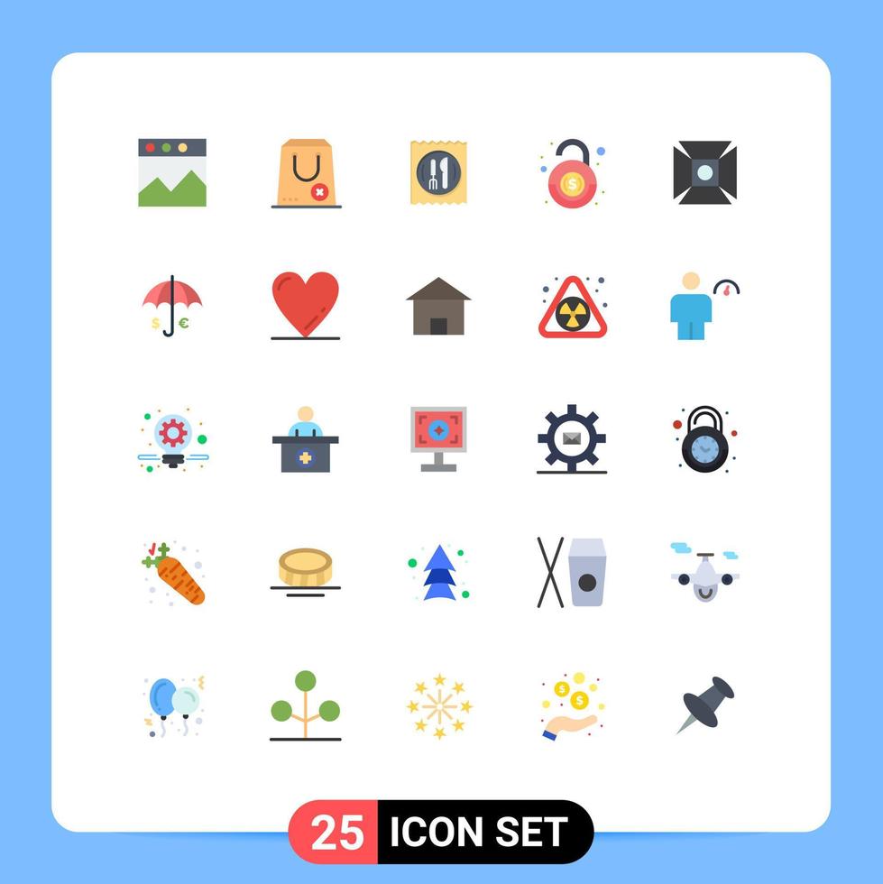 El concepto de 25 colores planos para sitios web móviles y aplicaciones resalta los elementos de diseño de vectores editables del banco de robo de almuerzo de seguridad