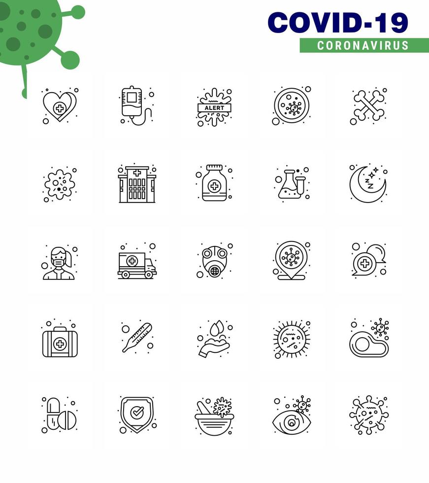 25 line Set of corona virus epidemic icons such as bones microbe warning germs bacterium viral coronavirus 2019nov disease Vector Design Elements