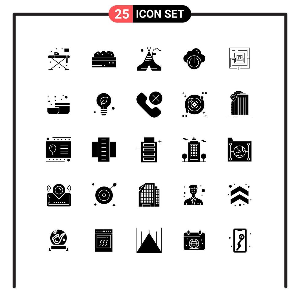 User Interface Pack of 25 Basic Solid Glyphs of idea off tent free network cloud Editable Vector Design Elements