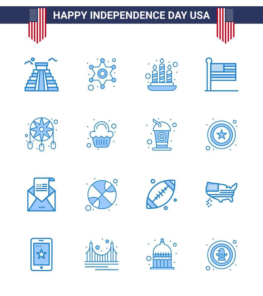 Happy Independence Day USA Pack of 16 Creative Blues of dream catcher adornment candle usa states Editable USA Day Vector Design Elements