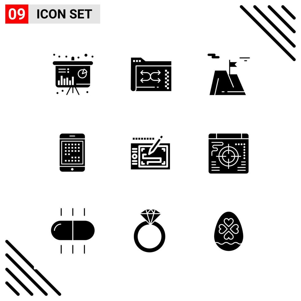 Pixle Perfect Set of 9 Solid Icons Glyph Icon Set for Webite Designing and Mobile Applications Interface Creative Black Icon vector background