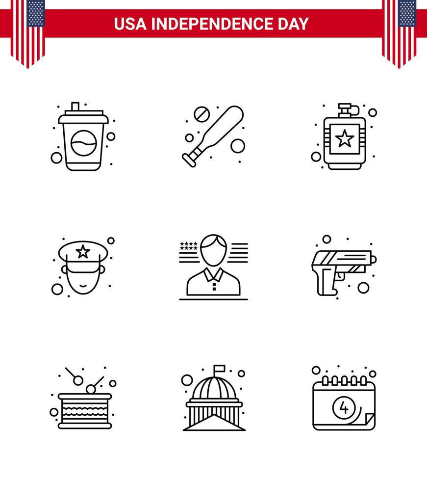 9 iconos creativos de estados unidos signos de independencia modernos y símbolos del 4 de julio de bandera hombre bebida policía hombre elementos de diseño de vector de día de estados unidos editables