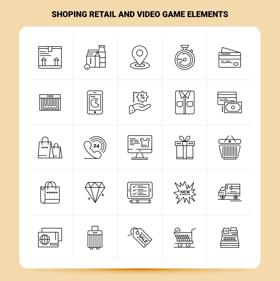 OutLine 25 Shoping Retail And Video Game Elements Icon set Vector Line Style Design Black Icons Set Linear pictogram pack Web and Mobile Business ideas design Vector Illustration