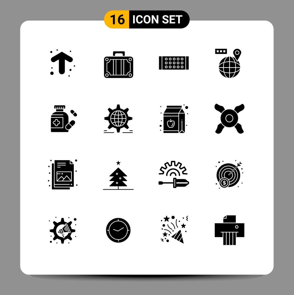 Solid Glyph Pack of 16 Universal Symbols of medicine medical lamp location map Editable Vector Design Elements