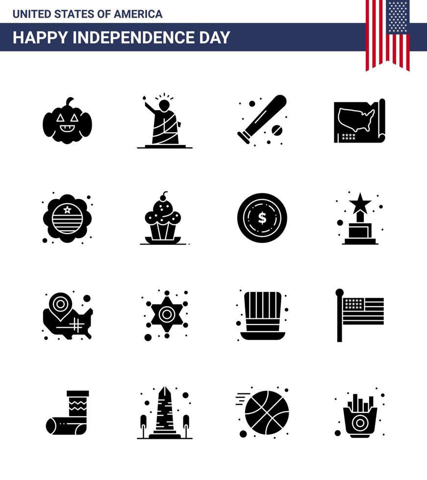 Group of 16 Solid Glyphs Set for Independence day of United States of America such as country united ball states usa Editable USA Day Vector Design Elements