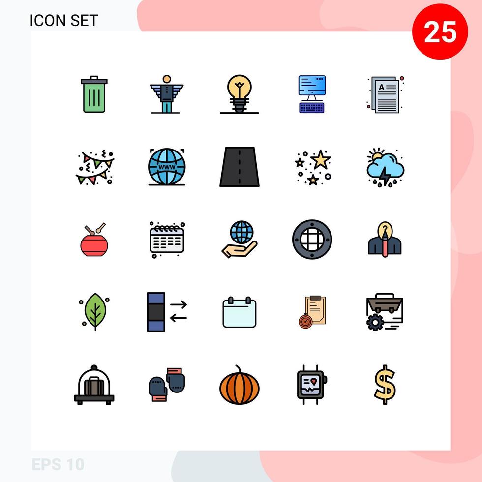 Filled line Flat Color Pack of 25 Universal Symbols of documents monitor freedom keyboard light Editable Vector Design Elements