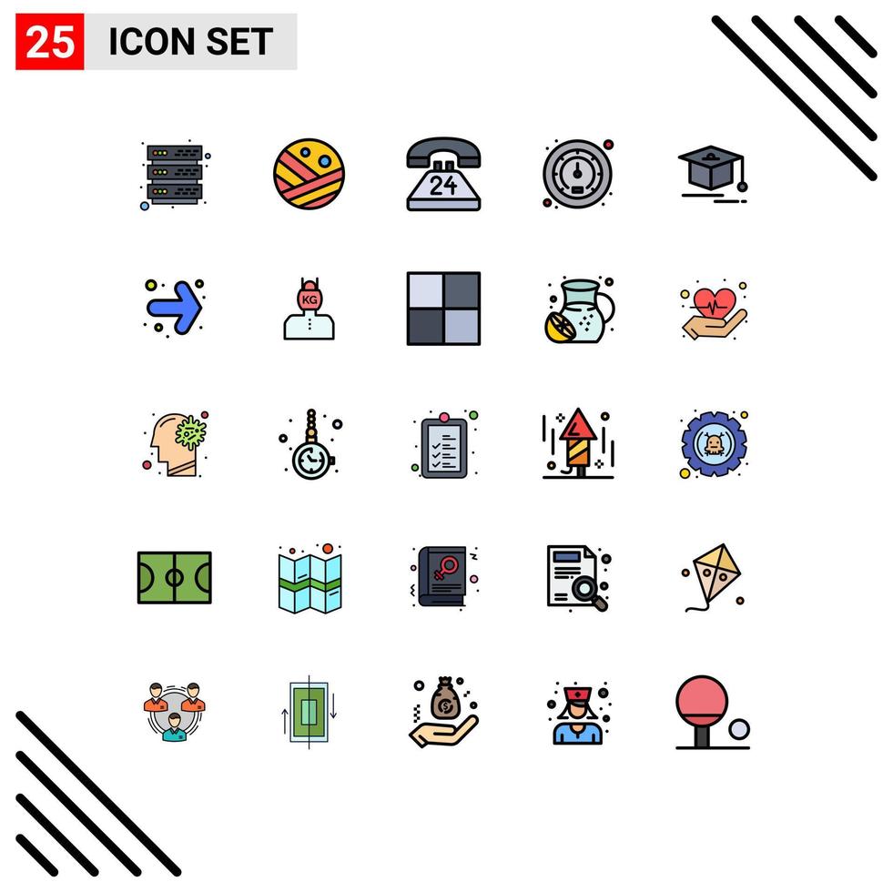 Set of 25 Vector Filled line Flat Colors on Grid for graduation cap call traffic meter Editable Vector Design Elements