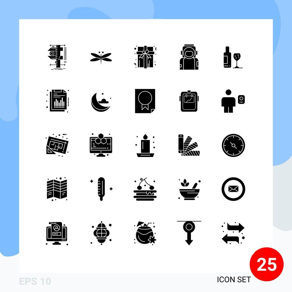 Universal Icon Symbols Group of 25 Modern Solid Glyphs of suit spaceman fly space present Editable Vector Design Elements