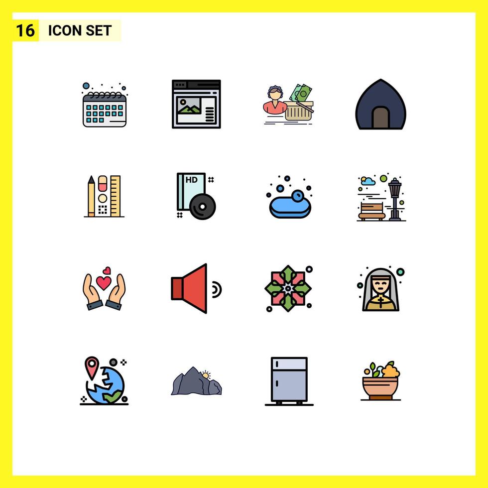 Pack of 16 Modern Flat Color Filled Lines Signs and Symbols for Web Print Media such as museum casa salary building female Editable Creative Vector Design Elements