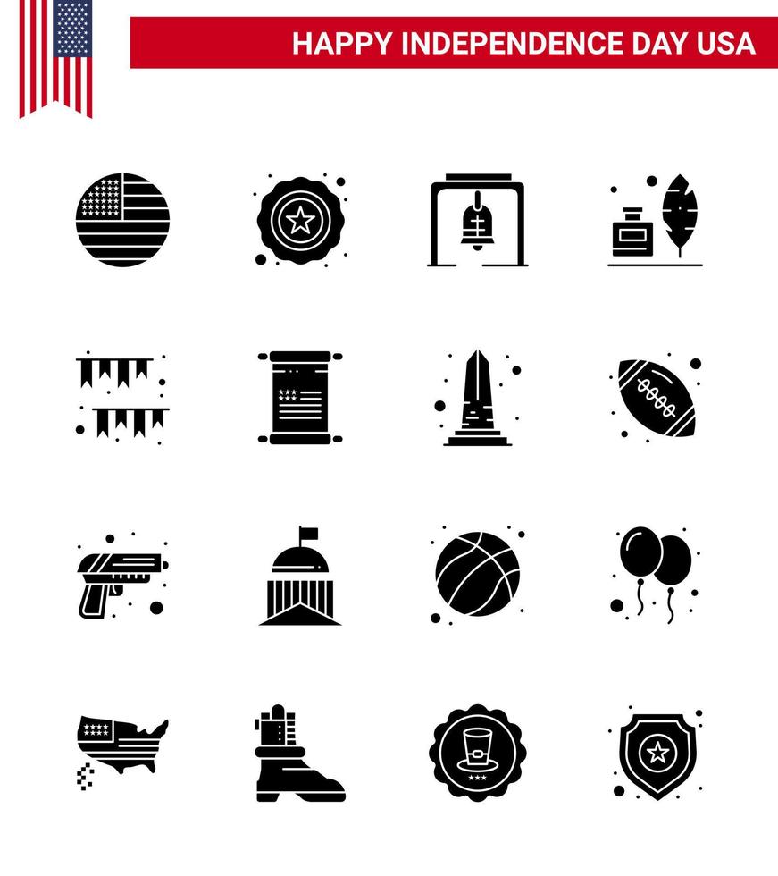 Group of 16 Solid Glyphs Set for Independence day of United States of America such as buntings american day bell american feather Editable USA Day Vector Design Elements