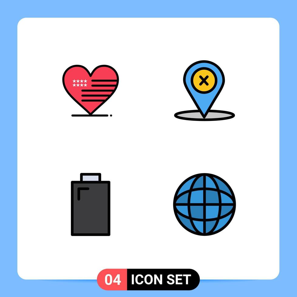 Universal Icon Symbols Group of 4 Modern Filledline Flat Colors of heart electric flag place map Editable Vector Design Elements