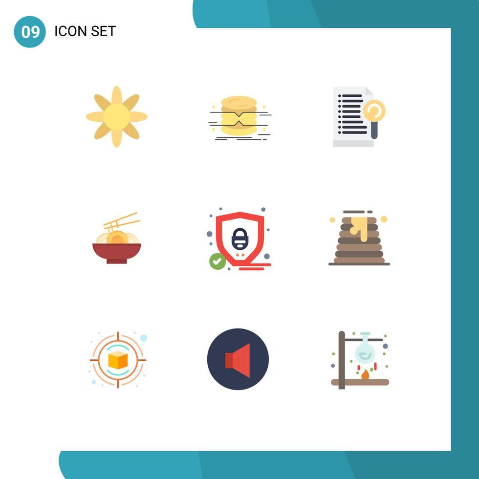 interfaz móvil conjunto de colores planos de 9 pictogramas de seguridad documento chino fideos de china elementos de diseño vectorial editables vector