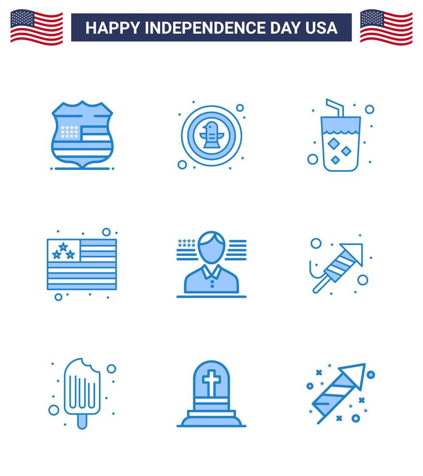 Pack of 9 USA Independence Day Celebration Blues Signs and 4th July Symbols such as american usa badge flag wine Editable USA Day Vector Design Elements