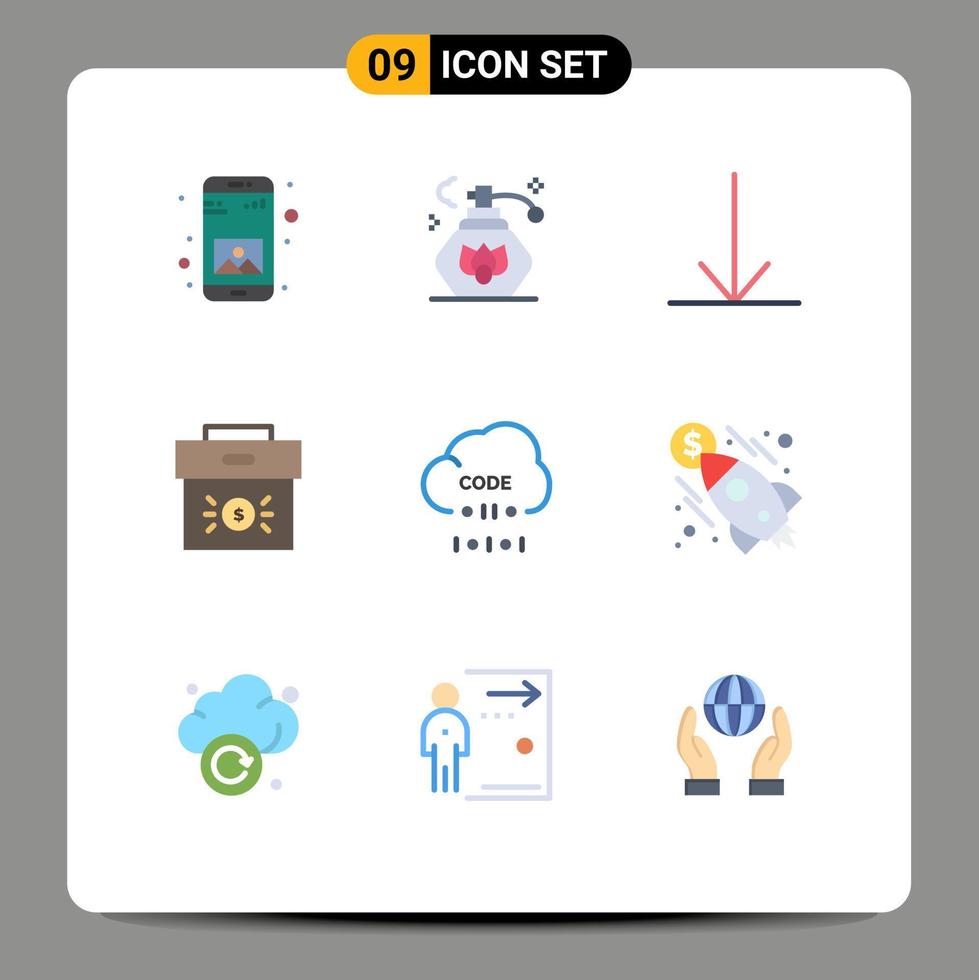 paquete de 9 signos y símbolos modernos de colores planos para medios de impresión web, como la codificación de desarrollo de elementos de diseño de vectores editables de la economía de la nube
