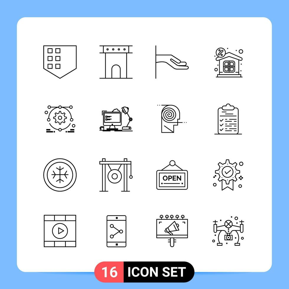 Paquete de iconos negros de 16 líneas símbolos de contorno para aplicaciones móviles aisladas en fondo blanco 16 iconos establecen fondo de vector de icono negro creativo