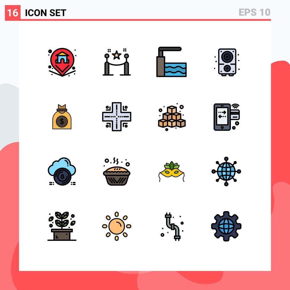 Group of 16 Modern Flat Color Filled Lines Set for venture capital pool sound multimedia Editable Creative Vector Design Elements