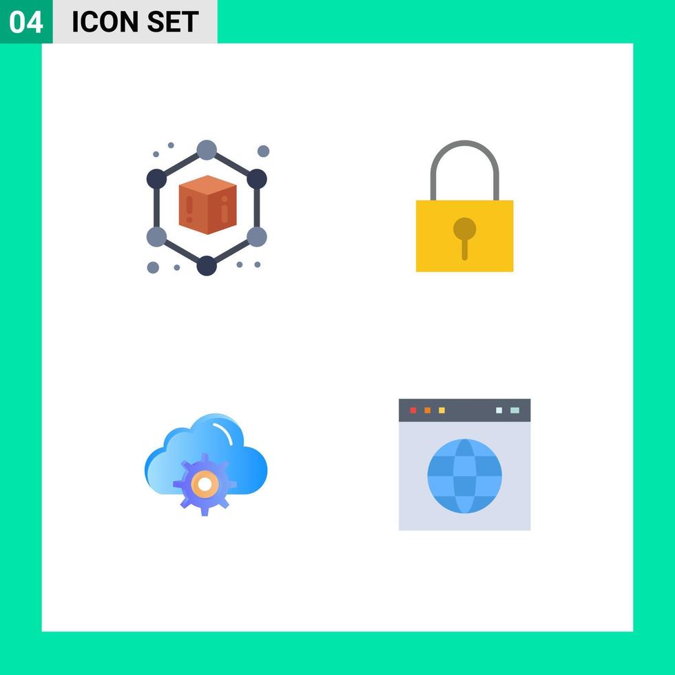 Editable Vector Line Pack of 4 Simple Flat Icons of cube computing password cloud link Editable Vector Design Elements