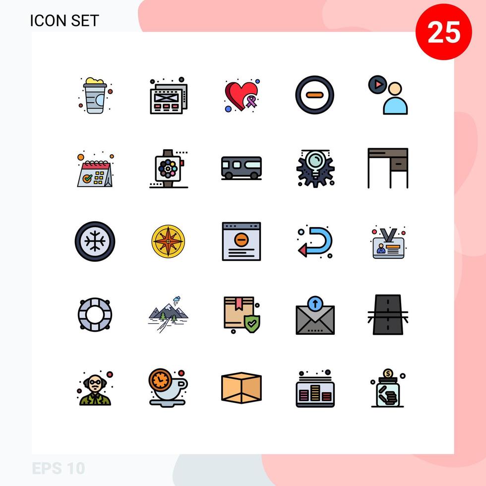Group of 25 Filled line Flat Colors Signs and Symbols for checked watch heart awareness video user Editable Vector Design Elements