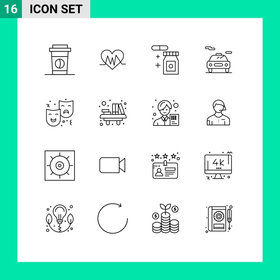 Editable Vector Line Pack of 16 Simple Outlines of drama expression rainy face transport Editable Vector Design Elements