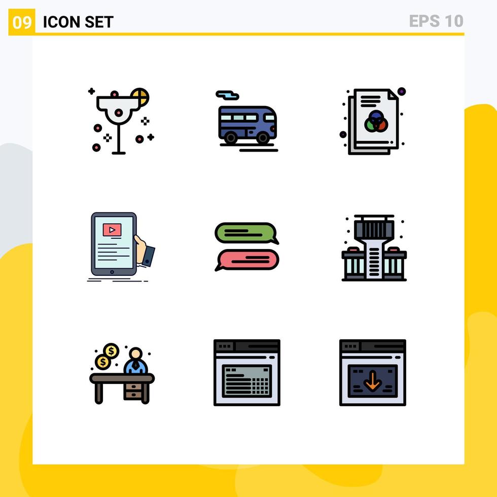 Group of 9 Modern Filledline Flat Colors Set for chatting seminar file webinar forum Editable Vector Design Elements