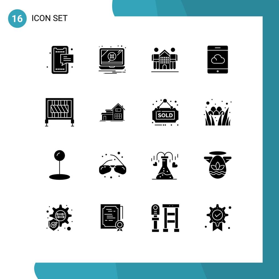 grupo de símbolos de iconos universales de 16 glifos sólidos modernos de elementos de diseño de vectores editables en el hogar de respaldo de advertencia de nube de barrera