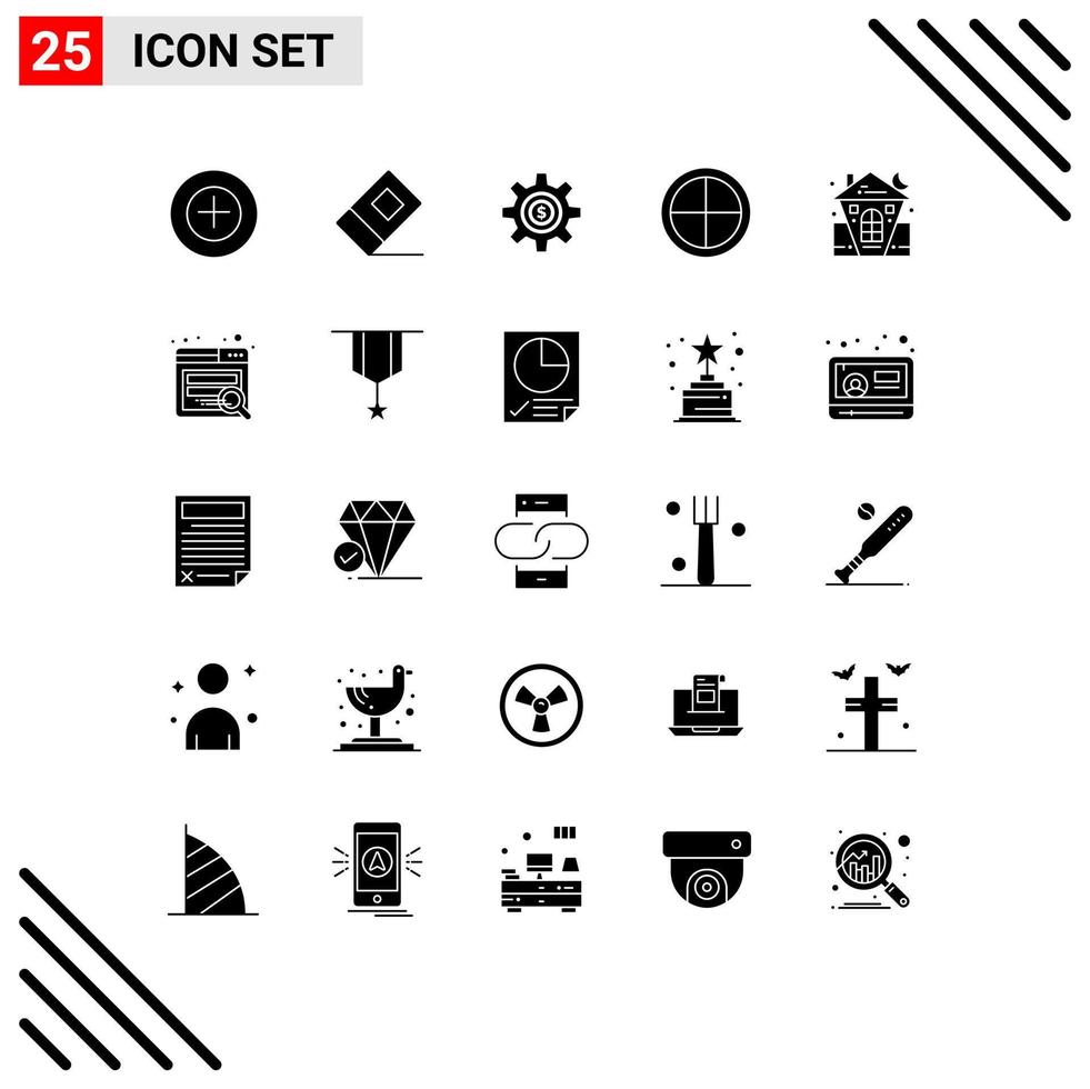 25 User Interface Solid Glyph Pack of modern Signs and Symbols of celebration target gear soldier badge Editable Vector Design Elements