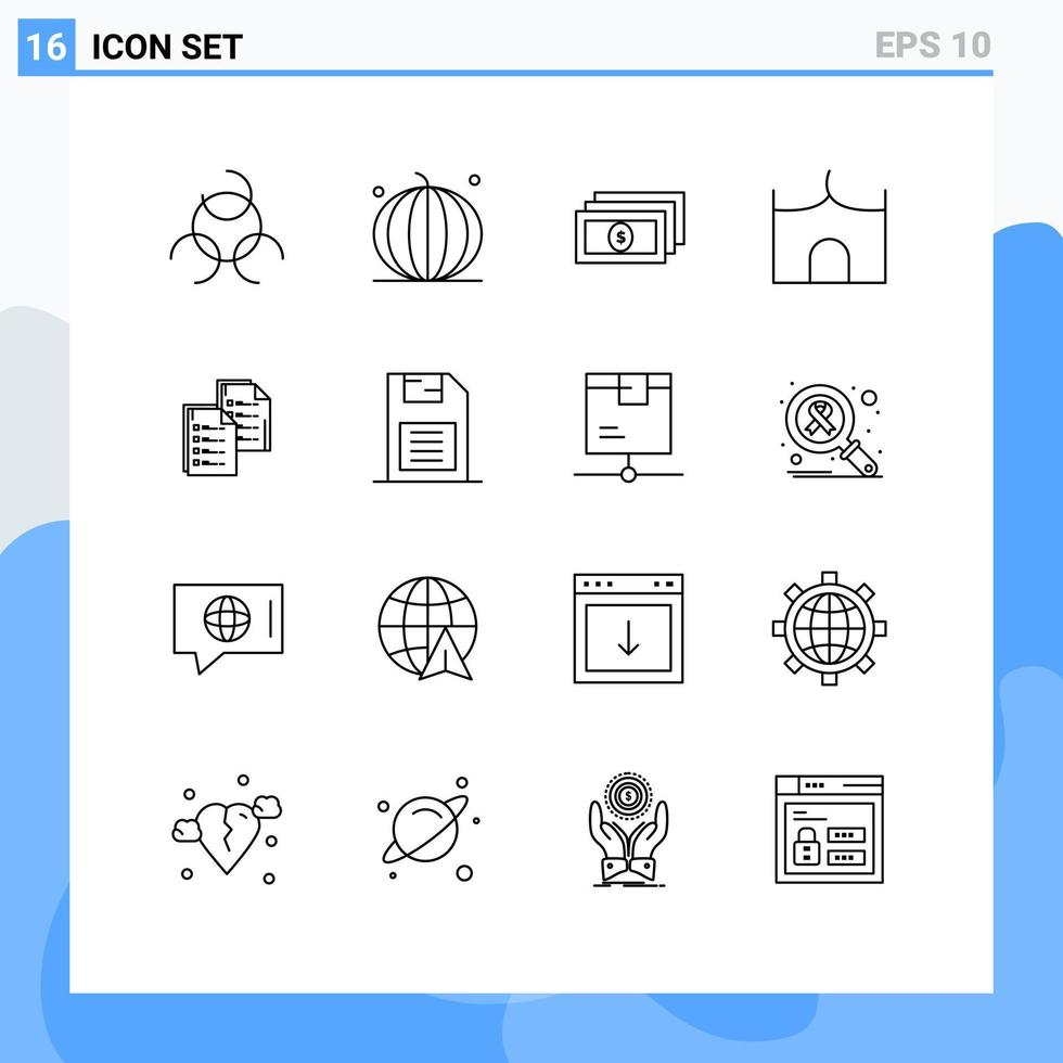 Group of 16 Modern Outlines Set for data document money medieval castle tower Editable Vector Design Elements