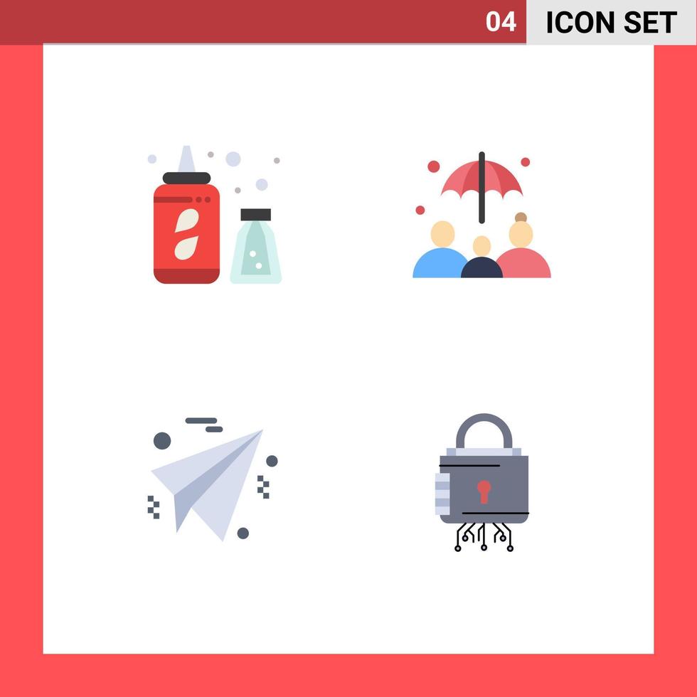 conjunto de pictogramas de 4 iconos planos simples de elementos de diseño vectorial editables de bloqueo comercial de seguro de seguridad de botella vector