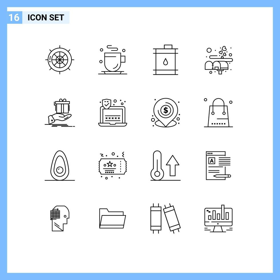 Set of 16 Modern UI Icons Symbols Signs for surprise mail barrel love box Editable Vector Design Elements