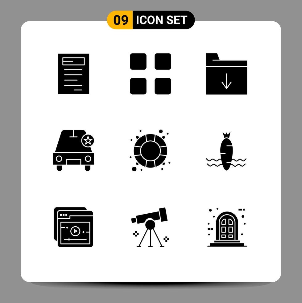 Pack of 9 Modern Solid Glyphs Signs and Symbols for Web Print Media such as water safe folder rescue star Editable Vector Design Elements