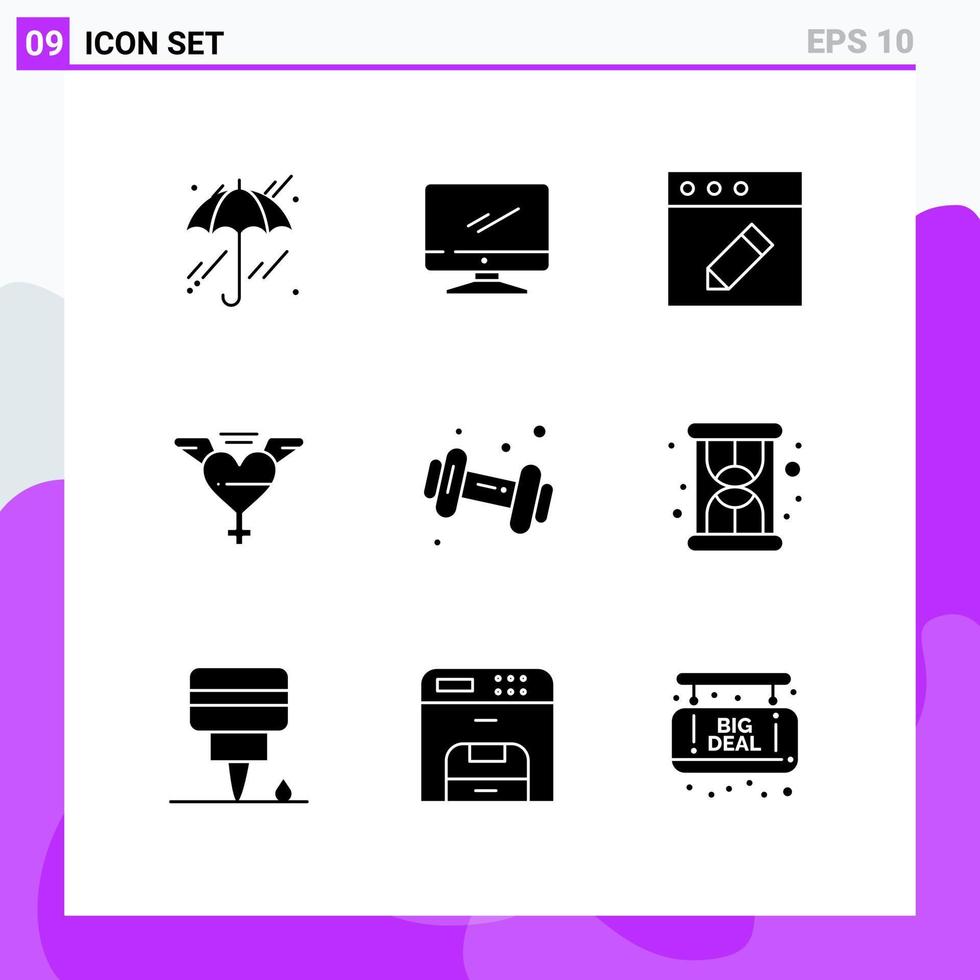 Modern Set of 9 Solid Glyphs and symbols such as gym dumbbell app diet wings Editable Vector Design Elements