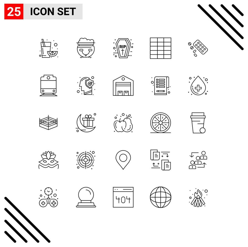 Group of 25 Lines Signs and Symbols for railway tablet halloween pill wireframe Editable Vector Design Elements